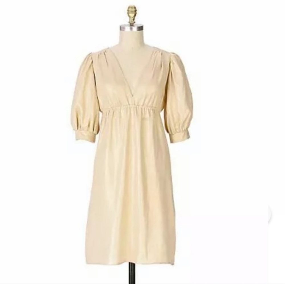 Fei Anthropologie Linen Dress Metallic Gold Empire Waist Puff Sleeve Small Beach